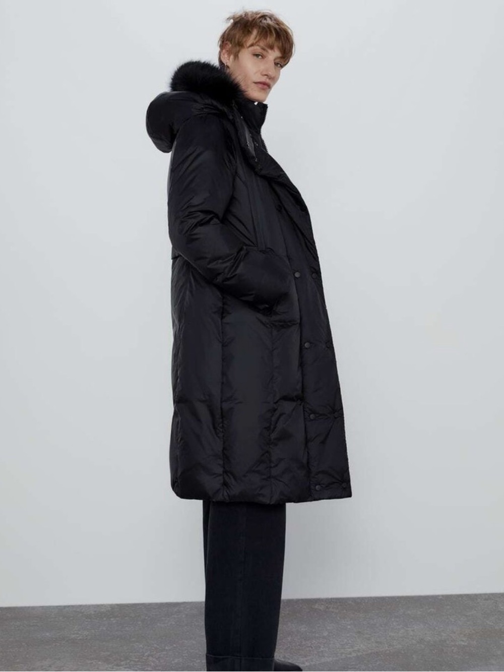 Zara Long Black Puffer Coat Faux Fur Trim Hood XS - Picture 5 of 16